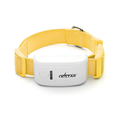 Black cat GPS tracker device with collar attachment showing 44g weight and waterproof design