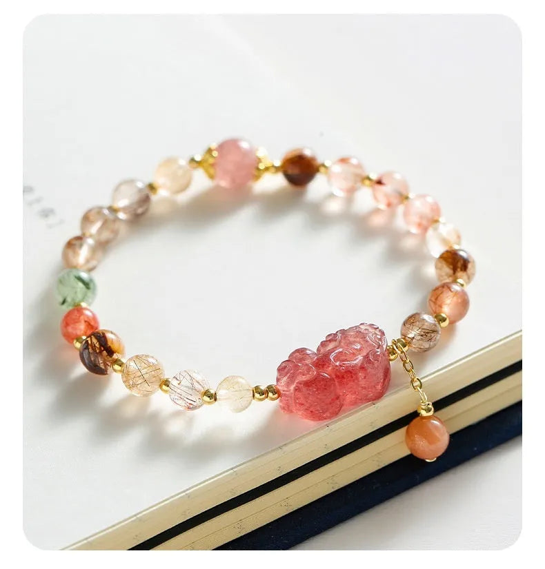 Strawberry quartz and copper bracelet with pearl accents in Chinese natural style for women
