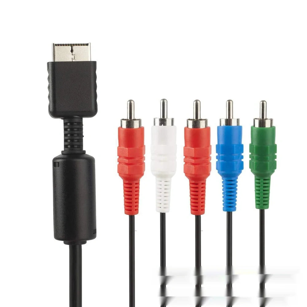 Black PlayStation component cable with nickel-plated connectors measuring 1.8m long