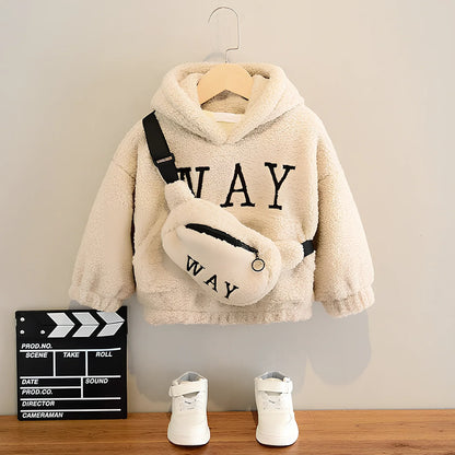 Children's cashmere fleece jacket with detachable cartoon hat in beige, green, or orange