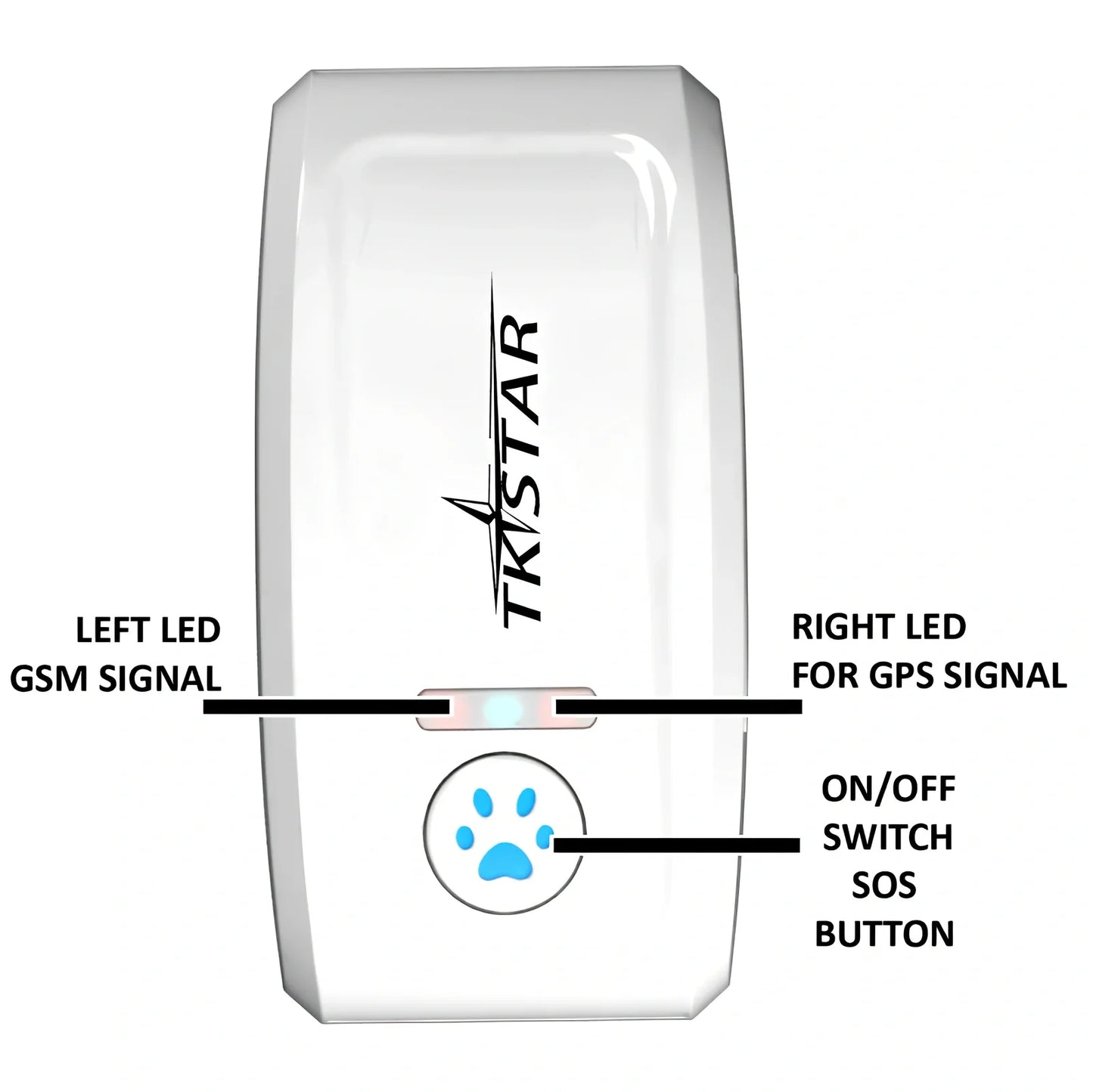 Black cat GPS tracker device with collar attachment showing 44g weight and waterproof design