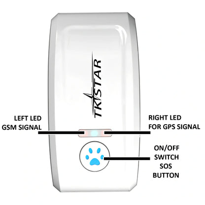 Black cat GPS tracker device with collar attachment showing 44g weight and waterproof design
