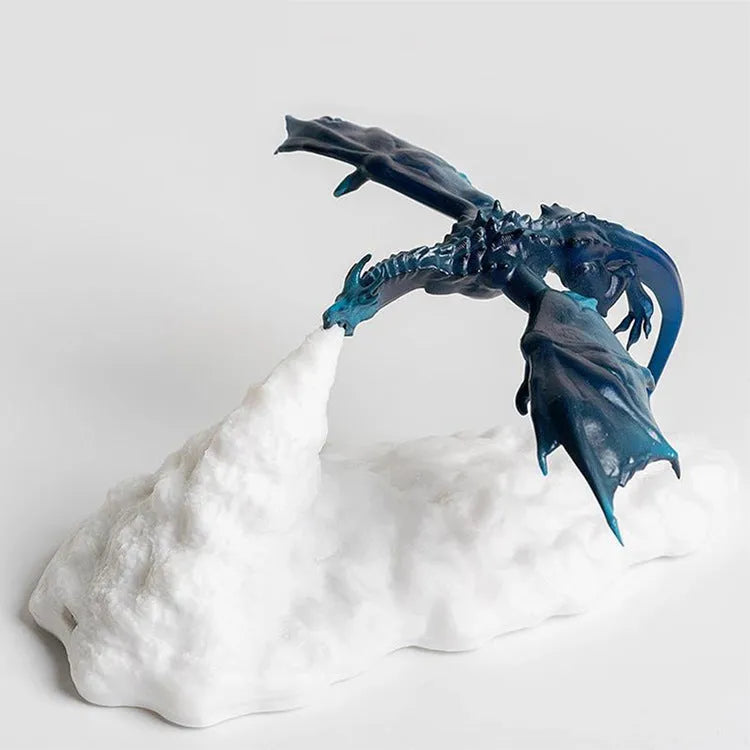 3D printed red dragon night light glowing on a table, showing detailed scales and wings, with a USB cable.