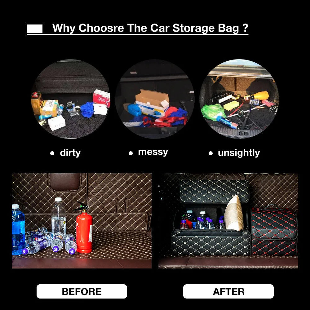 Foldable car leather storage box in black and blue, three sizes, on a flat surface