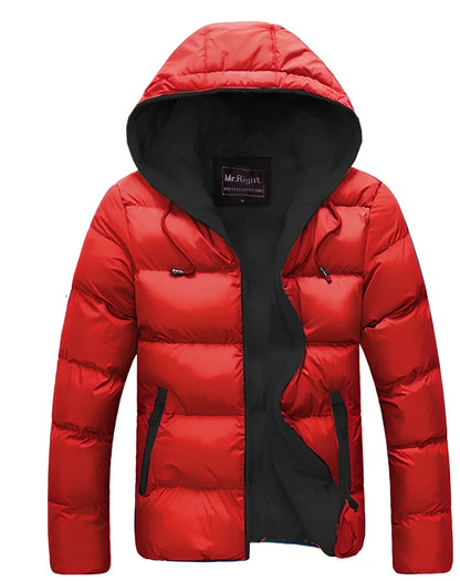 Blue hooded men's jacket with zipper, cotton filling, side pockets, M size 60 cm length and 104 cm bust