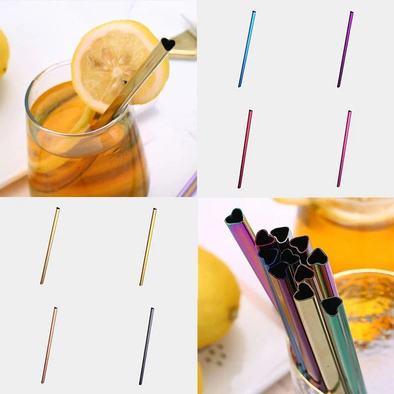 Reusable heart-shaped stainless steel straws in various colours with cleaning brush