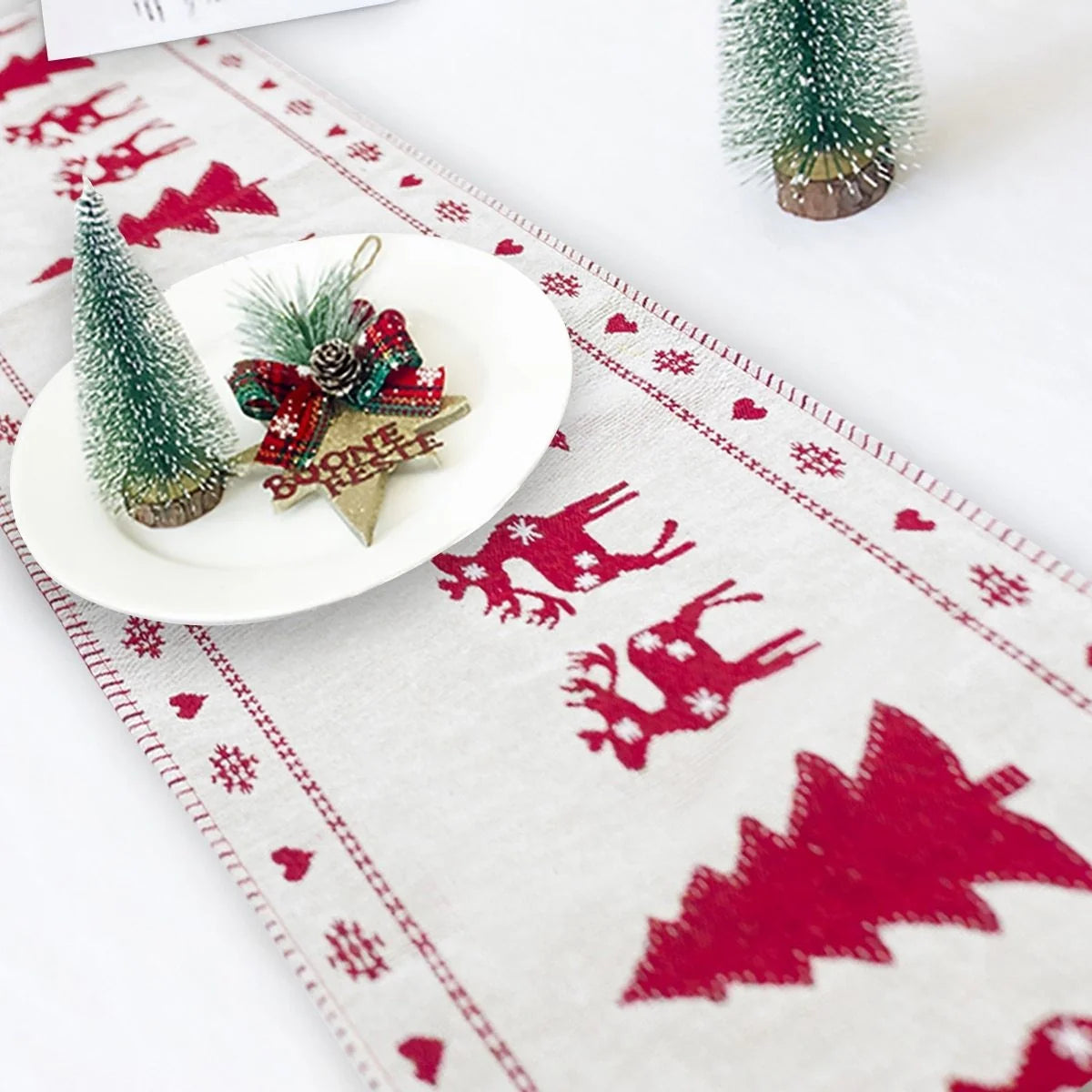 Christmas Elk Snowman Table Runner in festive colors, perfect for holiday decor