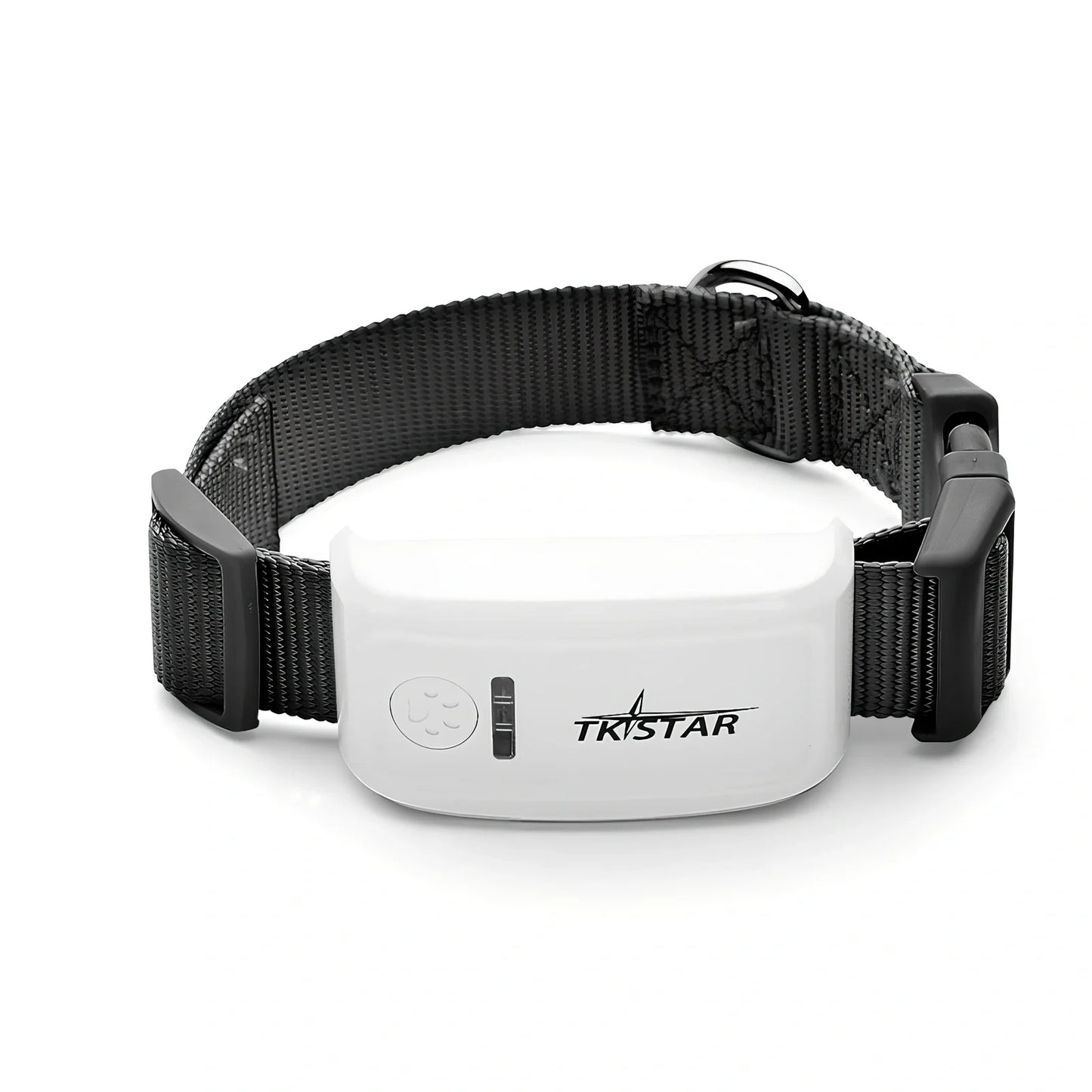Black cat GPS tracker device with collar attachment showing 44g weight and waterproof design