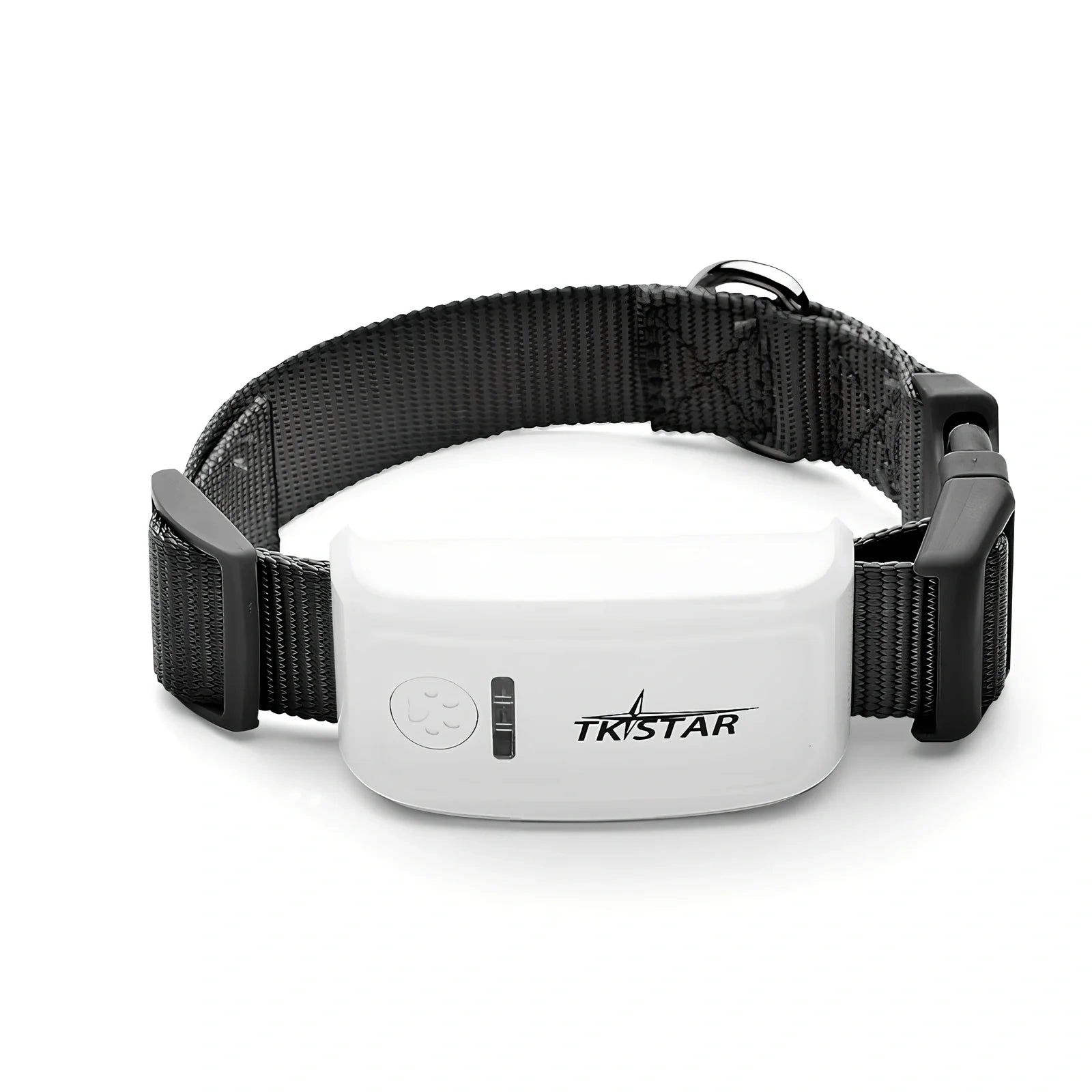 Black cat GPS tracker device with collar attachment showing 44g weight and waterproof design