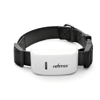 Black cat GPS tracker device with collar attachment showing 44g weight and waterproof design