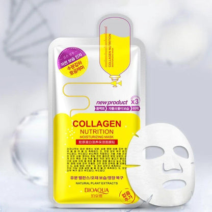 Aloe vera sheet mask on face showing 30g serum content and pre-cut eye and mouth openings