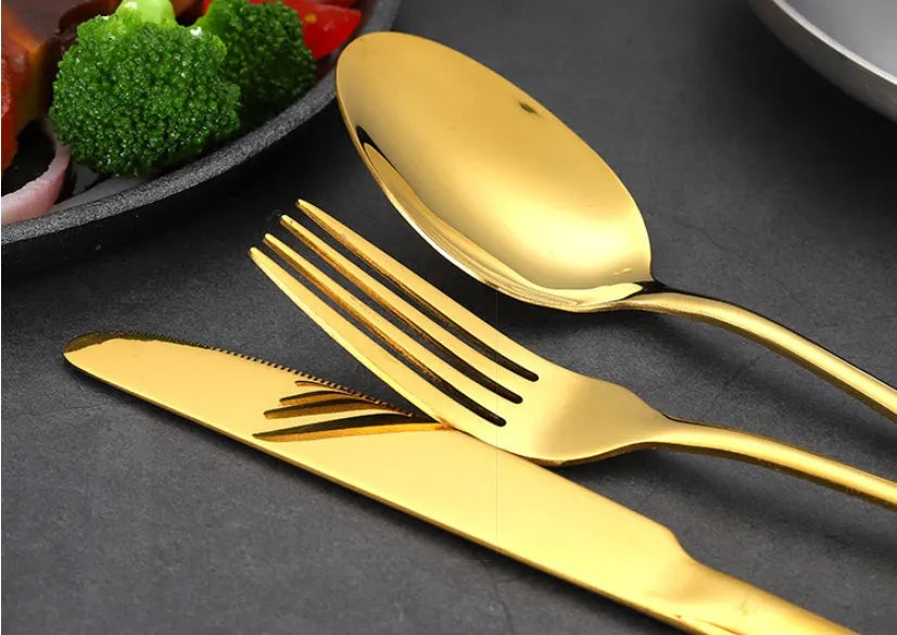 24-piece stainless steel tableware set including knives, forks and spoons in various colour options