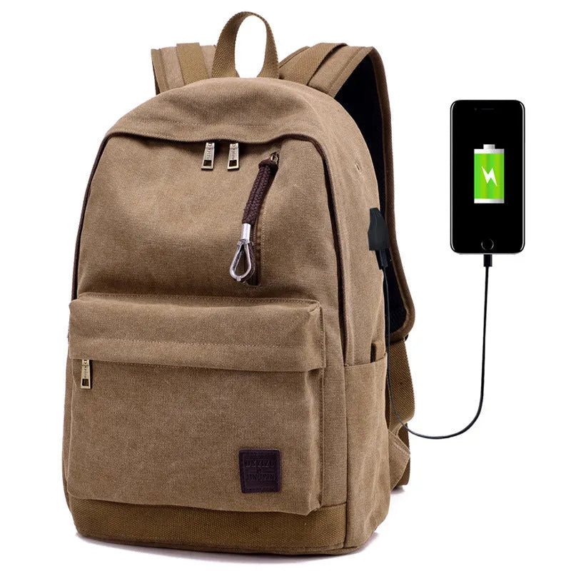Canvas backpack with USB charging port in grey colour, showing front compartment and shoulder straps.