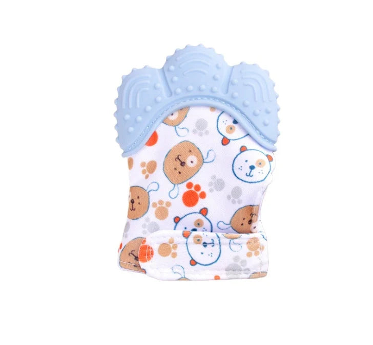 Baby silicone molar teething gloves in various colours with secure Velcro strap