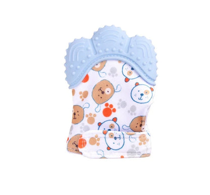 Baby silicone molar teething gloves in various colours with secure Velcro strap