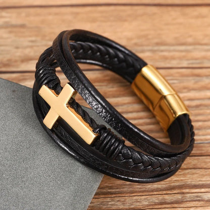 Multi-layer braided stainless steel cross men's bracelet in various finishes