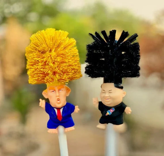 Bright yellow Trump-themed toilet brush with hanging slot