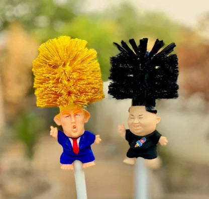 Bright yellow Trump-themed toilet brush with hanging slot