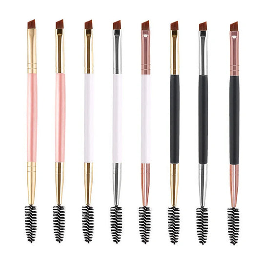 Angled eyebrow powder brush with wooden handle and pig bristles in multiple colour options