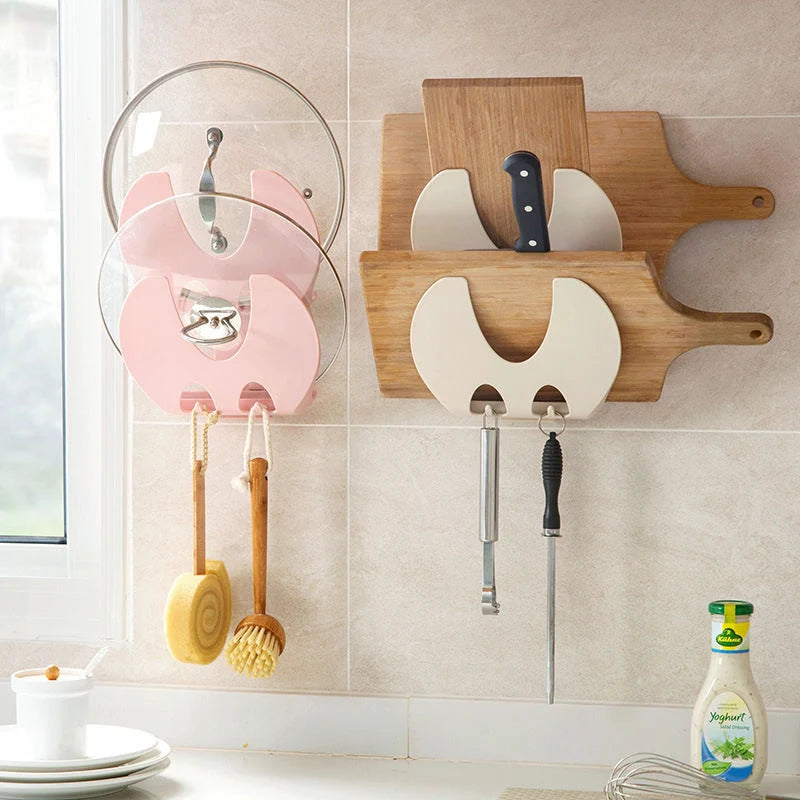 Wall-mounted kitchen organiser with double-layer storage and hooks in beige, gray, white, and pink options