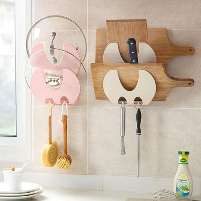 Wall-mounted kitchen organiser with double-layer storage and hooks in beige, gray, white, and pink options