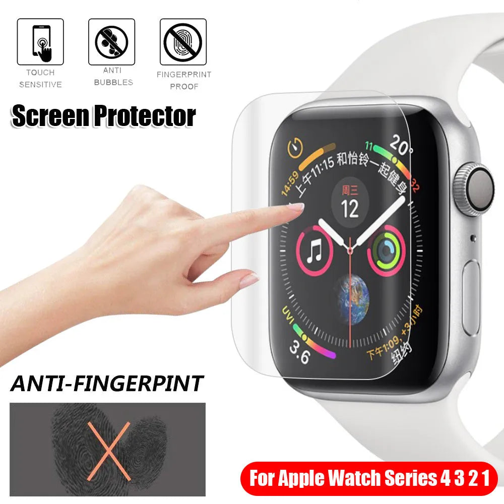 Full screen hydrogel protective film for Apple Watch showing full coverage on a 44mm watch face