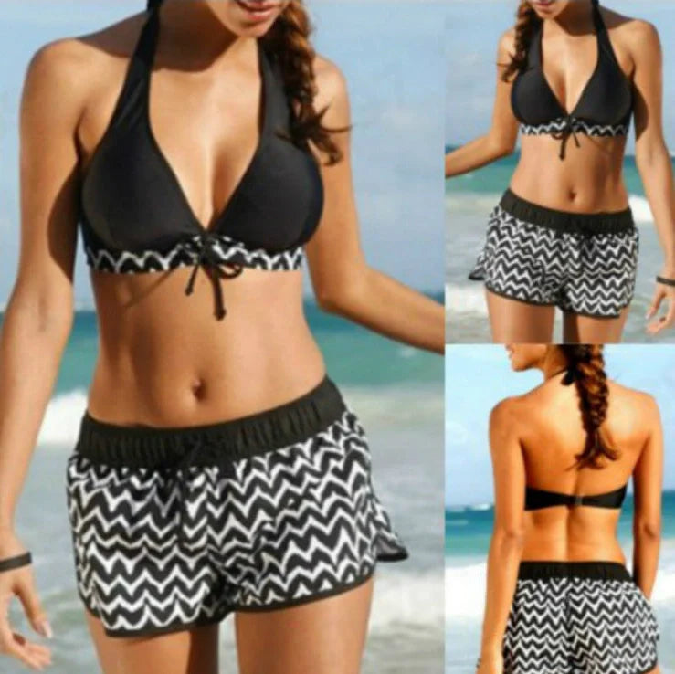 Zigzag print ladies bikini swimwear with geometric pattern on 82% polyester fabric