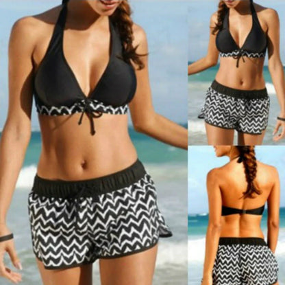 Zigzag print ladies bikini swimwear with geometric pattern on 82% polyester fabric