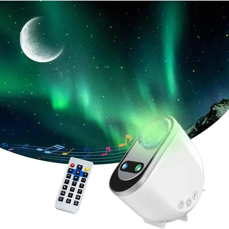 White ABS aurora borealis galaxy star projector with remote control displaying Northern Lights projection