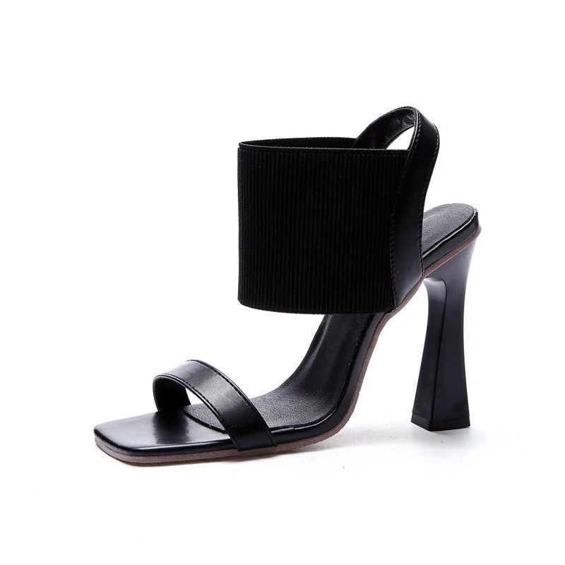 Women's black high heel sandals with elastic straps, PU leather uppers and rubber soles