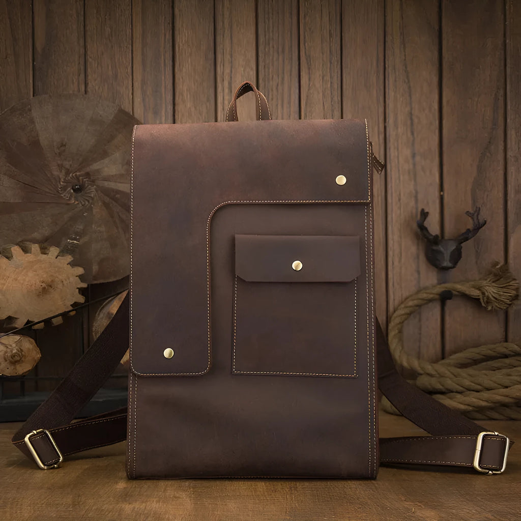 Dark brown genuine leather men's travel bag with retro style, showing three-dimensional pockets and shoulder straps.
