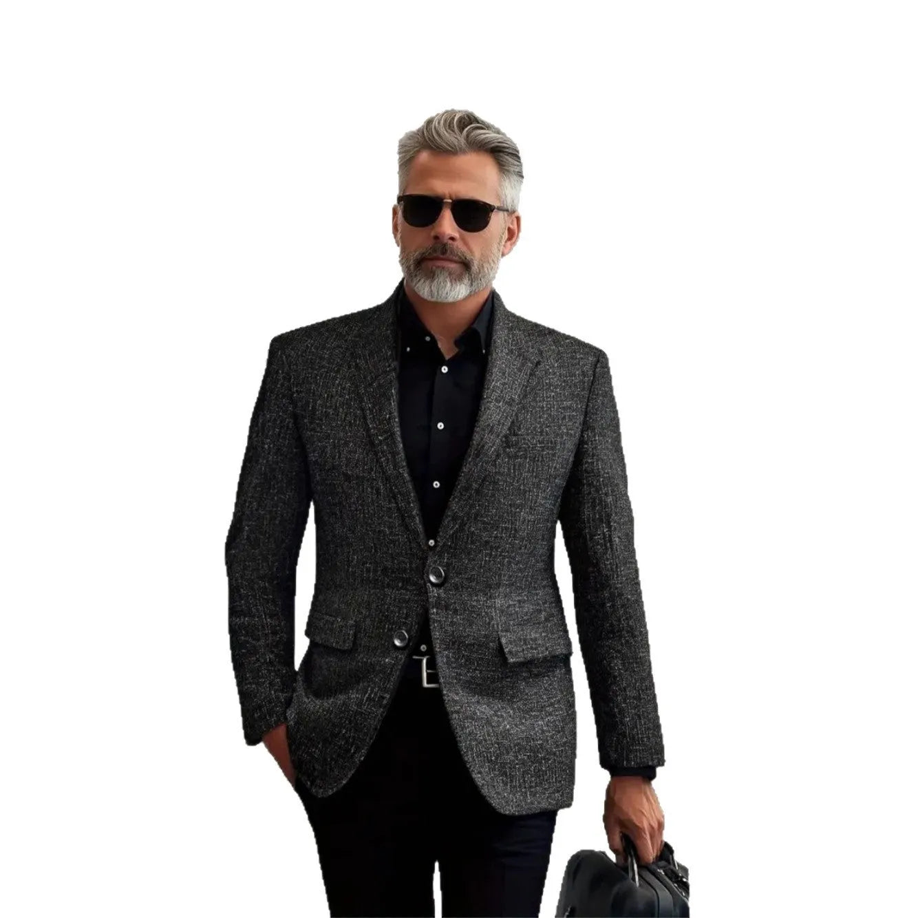 Men's single-breasted polyester leisure jacket in navy blue, slim fit, long sleeves, patch pockets