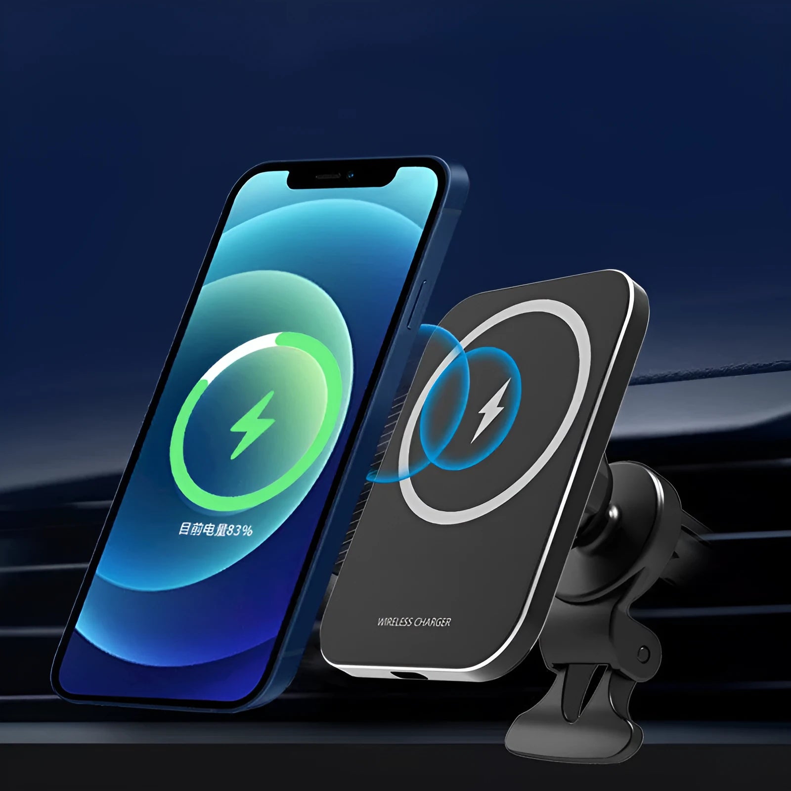 Black or silver 15W magnetic wireless charging car phone holder for Apple iPhone 12 series.