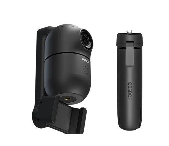 Black mobile phone bracket with face-following technology and PTZ tripod mounted on a phone