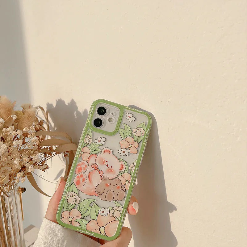 Transparent TPU phone case with hand-painted bear and floral design for iPhone 13
