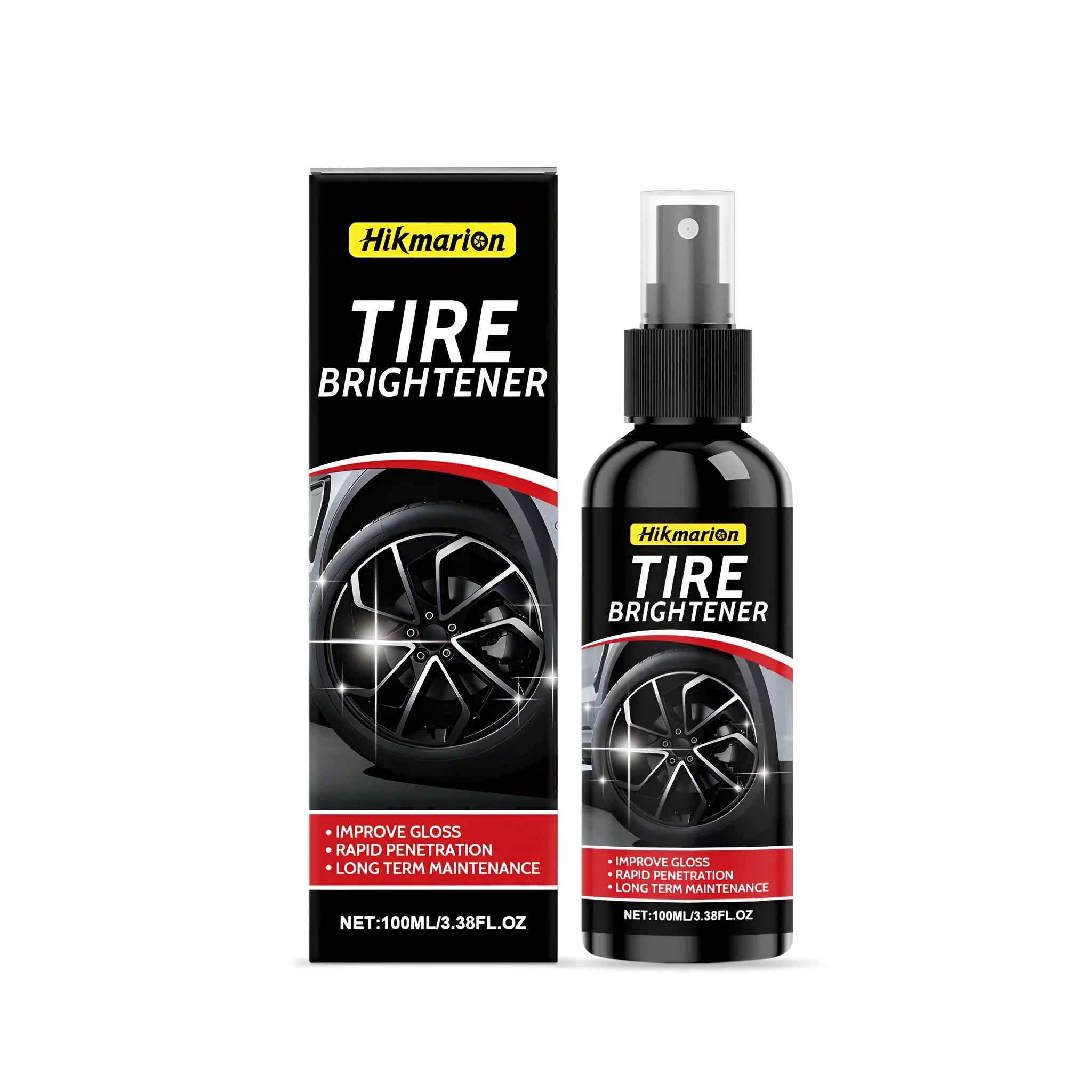 Single bottle of water-based tire brightener spray with polymer and wax formula for car tyres