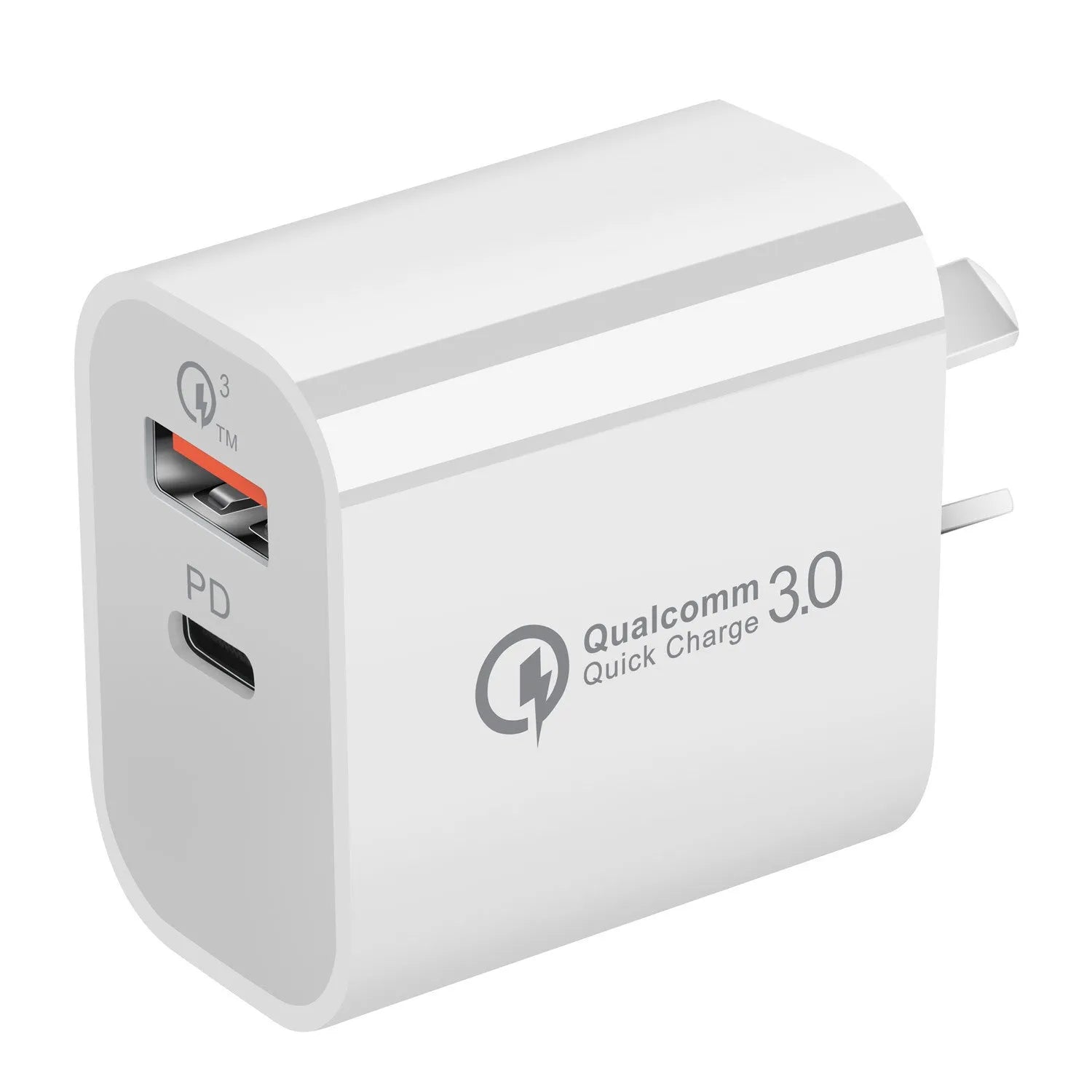 White Australian dual-port USB wall charger with USB-A and USB-C ports showing 63mm width