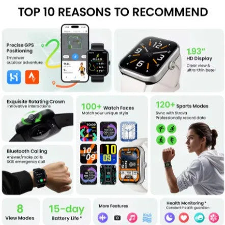 Bluetooth smart watch in black with touch button interface on wrist