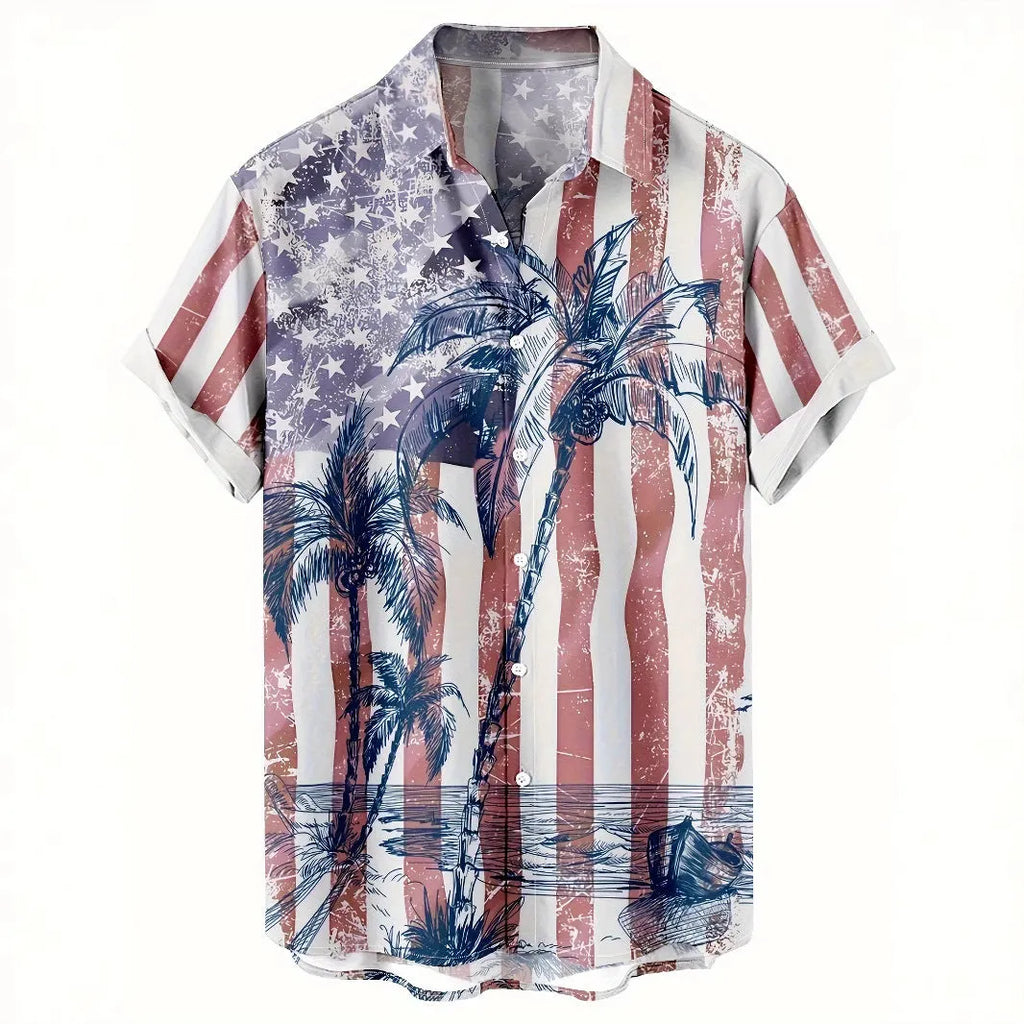 Man wearing a loose grey short sleeve shirt with a raised white 3D flower print pattern.