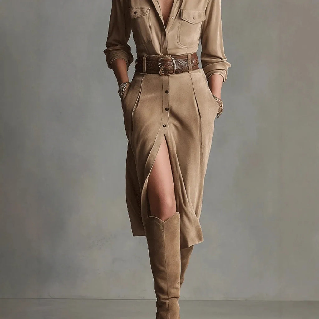 Khaki women's French waist asymmetric dress with high waist and polyester fabric, full-length view