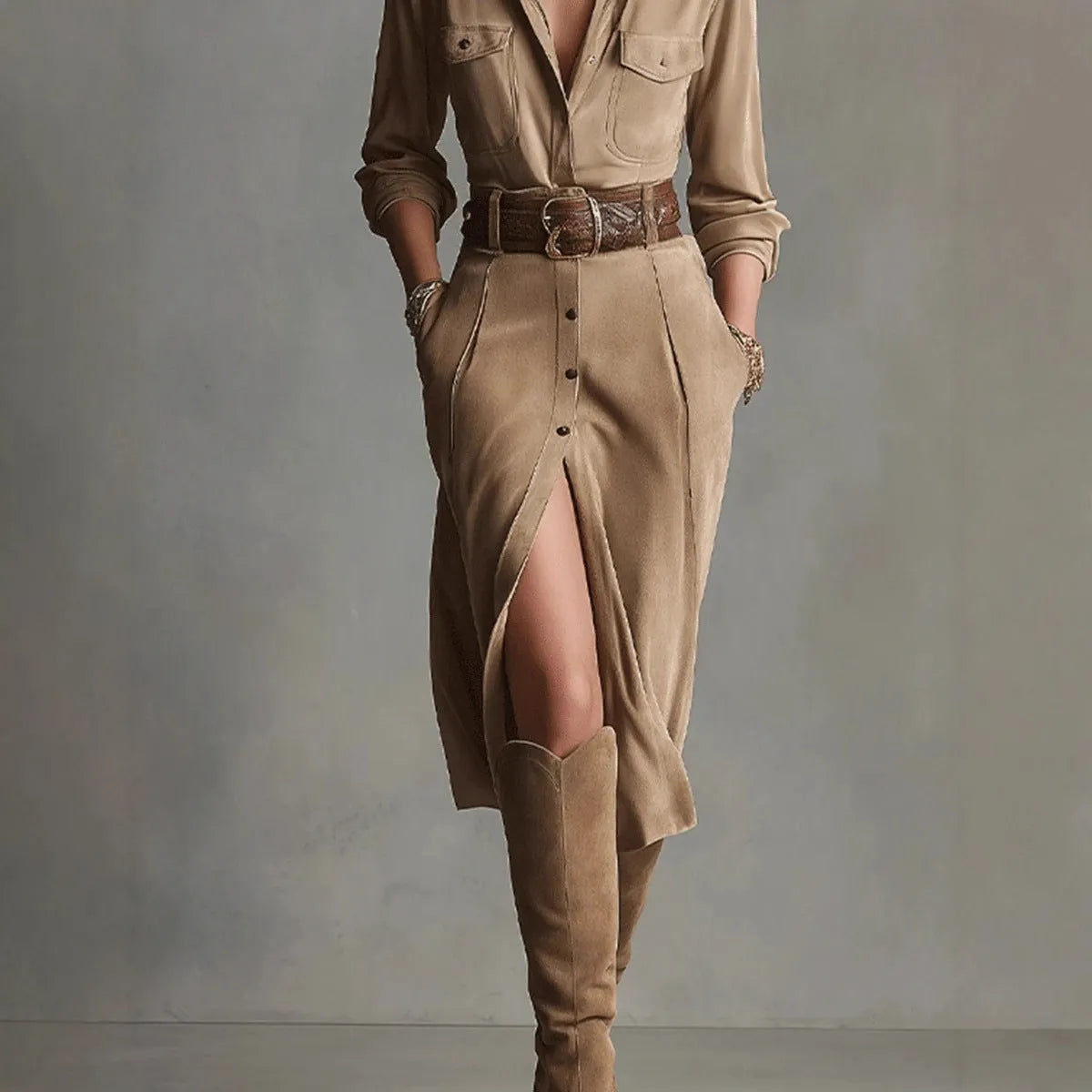 Khaki women's French waist asymmetric dress with high waist and polyester fabric, full-length view
