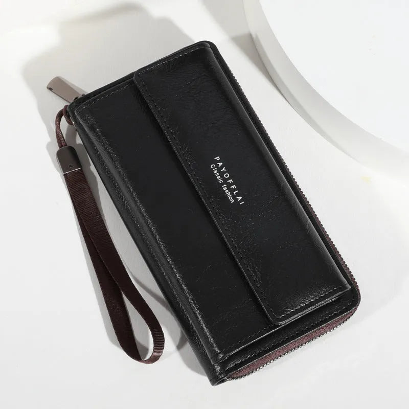 Men's black PU leather wallet with multiple card slots, shown next to a brown and coffee version, displaying slim 19cm profile.