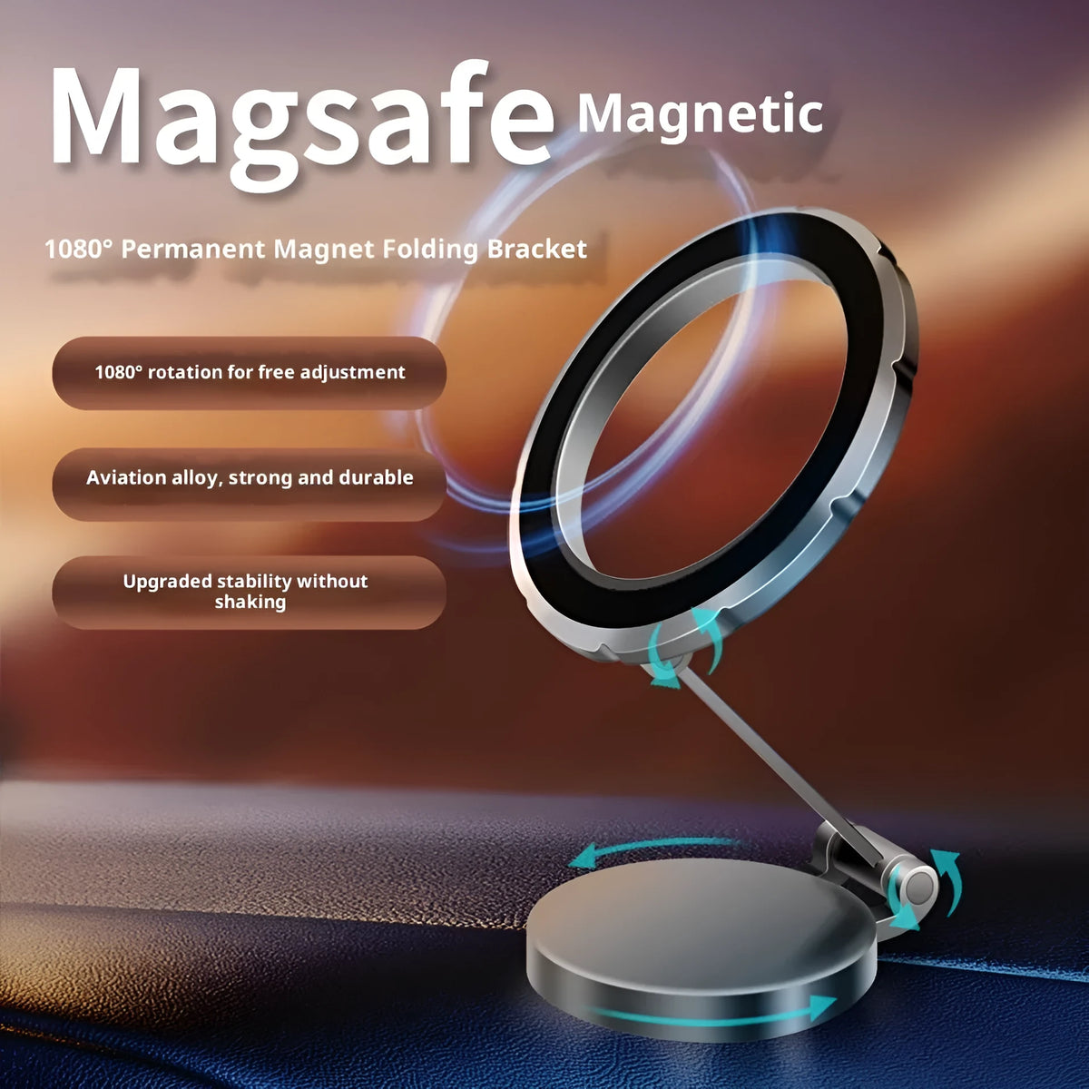 Aluminium alloy magnetic car holder with rotating base in gun colour – 60x15mm collapsible navigation bracket
