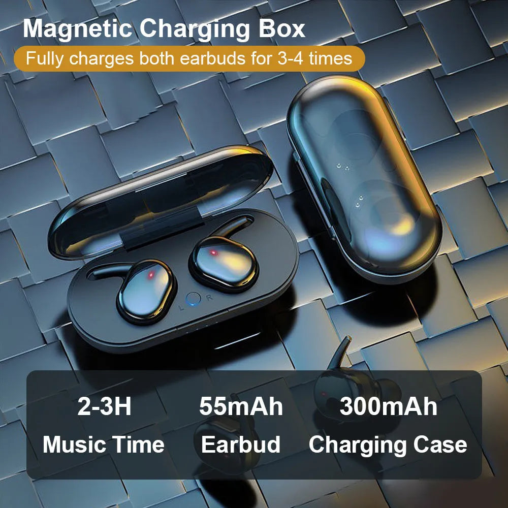 Bluetooth 5.0 wireless in-ear earphones with charging case, black colour, ABS plastic, compact.