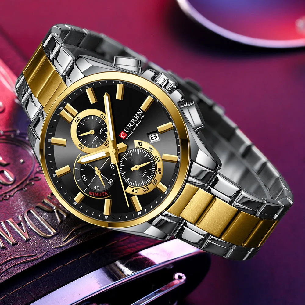 Men's stainless steel strap watch with black dial, alloy case, single folding buckle, six-pin timing, waterproof