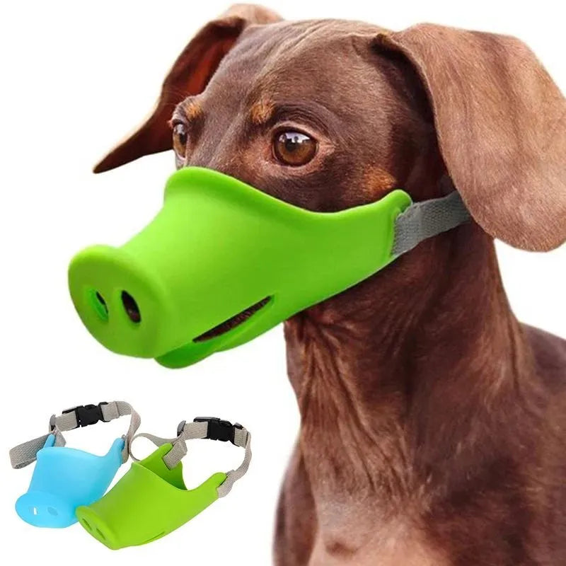 Blue silicone dog anti-bite mouth cover showing measurements for large and small sizing options