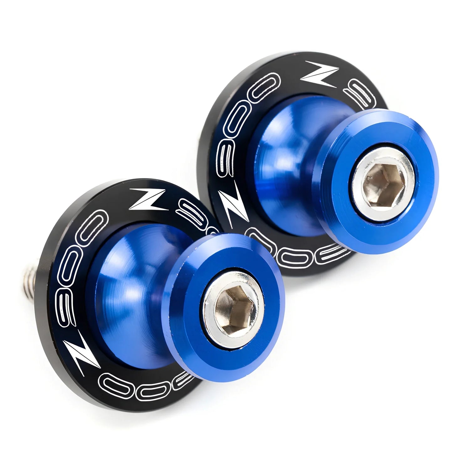 Pair of 8mm CNC aluminium swingarm spools sliders in titanium for Kawasaki Z650 Z900, with Delrin contact and stainless bolts