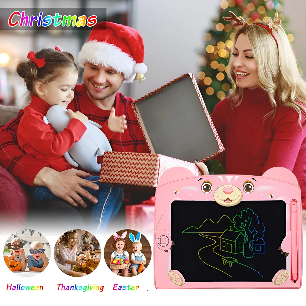 Cartoon bear children's LCD handwriting drawing board in sky blue colour on a table.