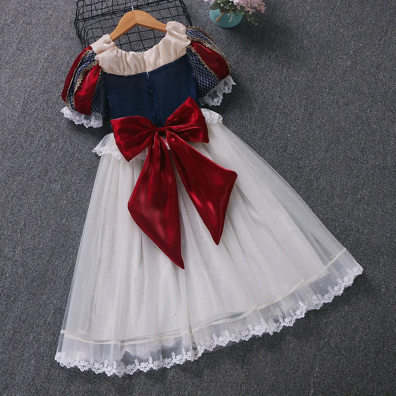 Summer Lolita children's dress short sleeve in purplish blue with purplish red, lace trim, satin fabric, cotton lining, princess style