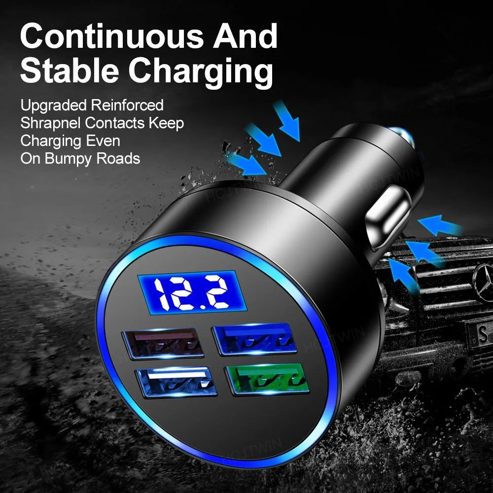 Black four-port USB car charger with cigarette lighter connector